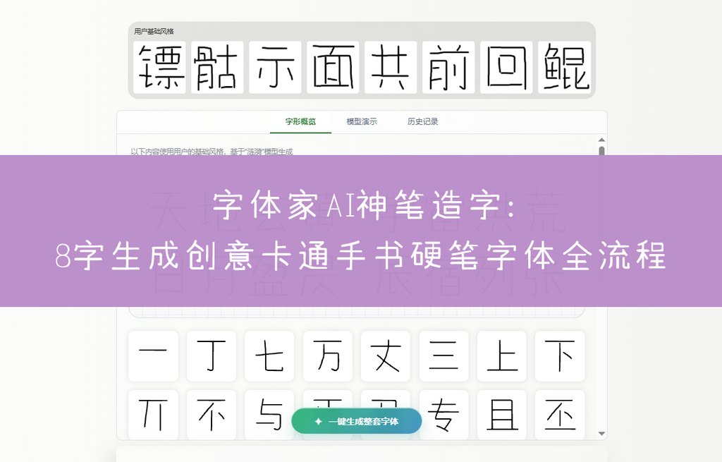 字体家AI神笔造字教程：8个字生成创意卡通硬笔字体